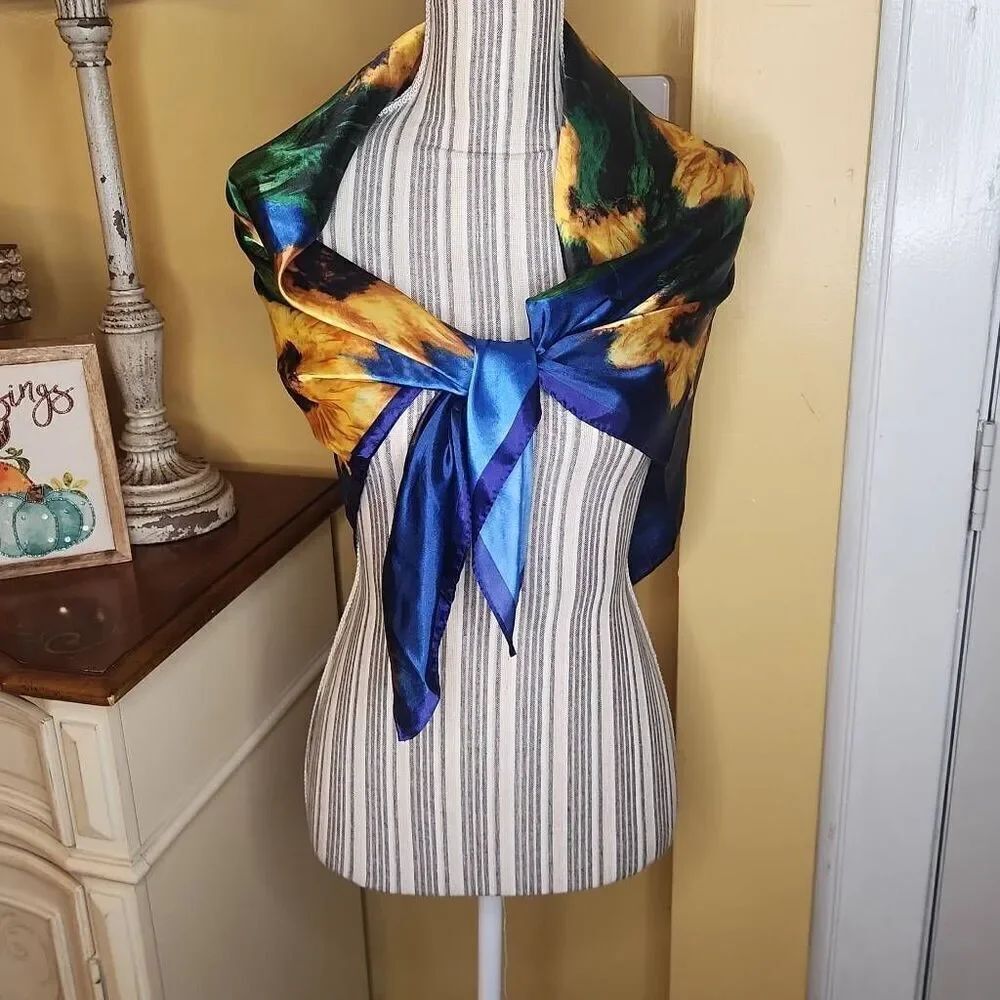 Blue and yellow sunflower print silk scarf